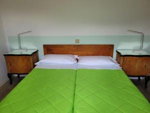 a green bed with two nightstands next to it at Hotel Panorama in Riva del Garda