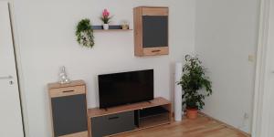 uma sala de estar com uma televisão de ecrã plano na parede em Bei Charlotte em Sonneberg