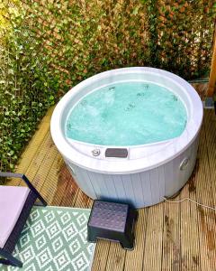 a hot tub with a remote control sitting in it at Tiny house with garden and jacuzzi near Amsterdam in Vijfhuizen