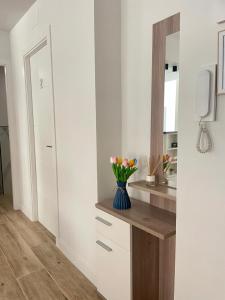 una cocina con una encimera con flores en un jarrón azul en Annamaria B&B Alicante Centro, en Alicante