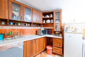 a kitchen with wooden cabinets and a white refrigerator at Konak in Podgorica
