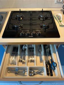 een kookplaat in een keuken met keukengerei bij DISCOVERY FLAT with pool & bikes in Sirmione