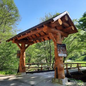 a wooden pavilion with a sign in a park at Pensiunea Lupul Dacic in Costeşti