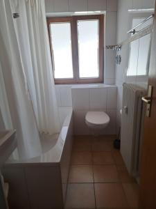 ein Bad mit einer Badewanne, einem WC und einem Fenster in der Unterkunft Ferienwohnung Liedloff in Bad Hindelang
