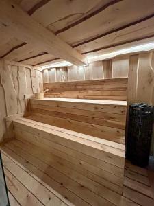 uma sauna vazia com pisos e tectos em madeira em Willa Zofia em Rabka