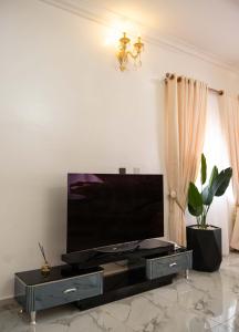 a living room with a large flat screen tv at Duplex16 in Enugu