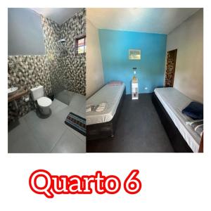 two pictures of a bedroom with a bed and a bathroom at Pousada Guarapiranga in Sao Paulo