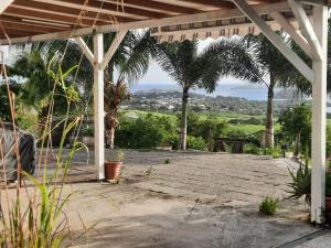 a patio with palm trees and a view of the ocean at Maison de charme vue mer et montagne au François in Le François