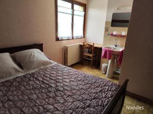 um quarto com uma cama, um lavatório e uma janela em A L'ETAPE DE LA FERME em Noailles