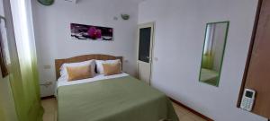 a bedroom with a bed and a mirror on the wall at B&B Marku in Dëllinjë
