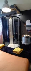 un bagno con doccia con box doccia in vetro di L'usine à rêves a Saint-Germain-du-Corbéis