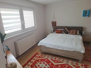 - une chambre avec un lit, 2 fenêtres et un tapis dans l'établissement Apartman Hill, à Sarajevo