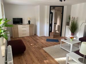 a living room with a couch and a tv on a dresser at Vennbahnweg Apartment Schmithof in Aachen
