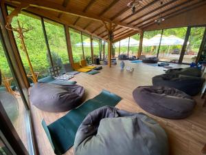 a room with chairs and bean bags on the floor at Pensiunea Lupul Dacic in Costeşti