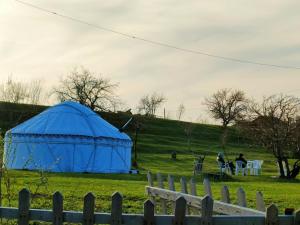 Юрта 6-канатная في Türgen: خيمة زرقاء في حقل بجانب سياج