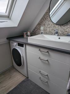 a bathroom with a sink and a washing machine at Le Cosy in Lanvallay