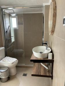 a bathroom with a sink and a toilet and a shower at Άνεμος Home in Elaiokhórion +27 photos
