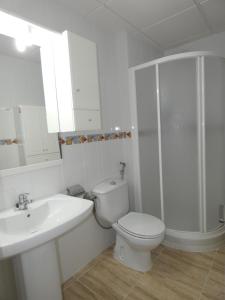 een badkamer met een toilet, een wastafel en een douche bij Vivienda en centro de Yecla in Yecla