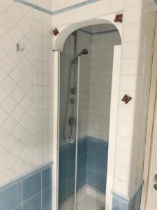 a shower in a bathroom with blue and white tiles at One bedroom apartement at Nettuno 1 m away from the beach in Nettuno