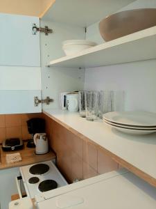 a kitchen with a stove and plates on a counter at Crystal Cherry Apartment in Preveza