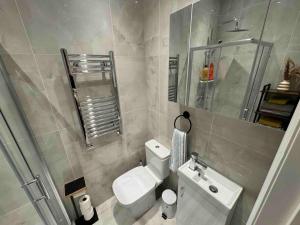 a small bathroom with a toilet and a shower at Modern Boutique Apartment Great Location in Golders Green