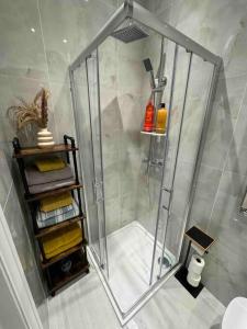 a shower with a glass door in a bathroom at Modern Boutique Apartment Great Location in Golders Green
