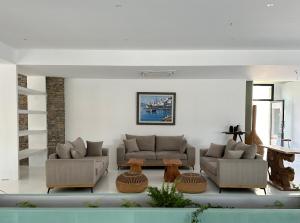 a living room with two couches and a table at Cavo piso livadi in Piso Livadi