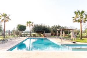 una piscina con sillas, sombrillas y palmeras en Agroturismo Can Pere Rei, en Son Serra de Marina