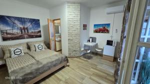 um quarto com uma cama, uma secretária e uma televisão em MP Center Magánszállás em Miskolc