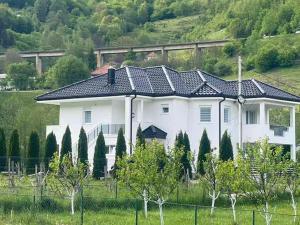 a large white house with a black roof at David Apartments in Ravna Rijeka