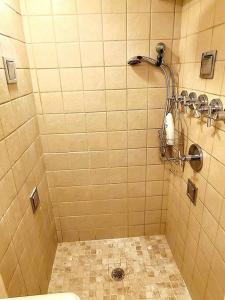 een badkamer met een douche, een wastafel en een toilet bij Westchester - Minutes to the Heart of NYC in Mount Vernon