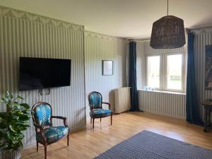 博爾貝克的住宿－BOLBEC Manoir De CALTOT，客厅配有2把椅子和平面电视