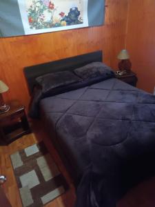 a bedroom with a bed with a blue comforter at Cabaña el ricky in Cabrero