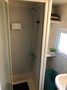 La salle de bains est pourvue d'une douche et d'un lavabo. dans l'établissement Mobilhome à Fréjus à 15 minute de la mer sur terrain indépendant, à Fréjus