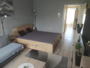 a small bedroom with a bed and a couch at Krénusz Vendégház 2. in Kaposvár