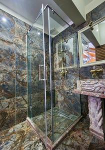 a shower with a glass door in a bathroom at Villa Parku Rinia in Korçë