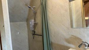 La salle de bains est pourvue d'une douche avec rideau de douche. dans l'établissement Holly Tree Glamping Cabins, à Wigglesworth