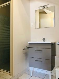 een badkamer met een wastafel en een spiegel bij Emporium Néris - Premium Serviced Apartments in Néris-les-Bains