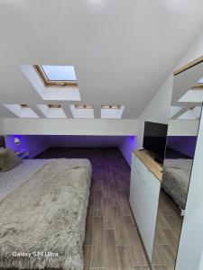 a attic bedroom with a bed and a television at IDILA SPA in Novi Beograd