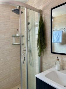 un baño con ducha y lavabo en HAYDEN HOME, en Libreville 13 fotos más