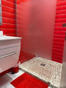 a bathroom with red walls and a shower with a glass door at Schirmeck Apartment in Strasbourg