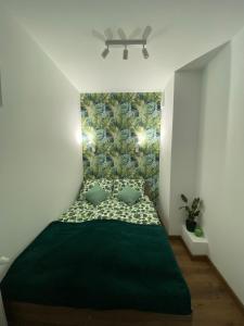a bedroom with a green bed with a green blanket at EM Room in Kraków