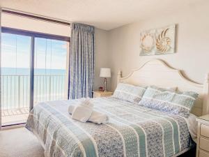 默特尔比奇The Blue Dune Oceanfront Huge Balcony w Lazy River的一间带床的卧室，可欣赏海景