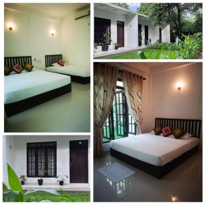 3 Bilder von zwei Betten in einem Zimmer in der Unterkunft Hotel Bird Paradise in Sigiriya