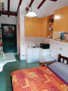 uma cozinha com uma cama e um lavatório num quarto em La Casina di Anna em Porto Vecchio