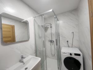een badkamer met een douche, een toilet en een wastafel bij Eleven Apartment in Podgorica