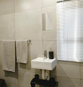 y baño con lavabo, espejo y toallas. en Olive Tree Studio Apartment, en Harrismith