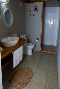 a bathroom with a sink and a toilet and a shower at Telvina Beach Lodge in Vilanculos