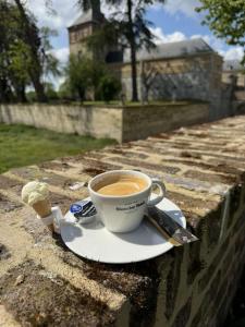 a cup of coffee sitting on a stone wall at Poortgebouw Kasteel Borgharen - Maastricht in Maastricht