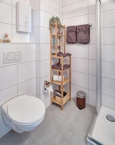 a bathroom with a toilet and a towel rack at KATARINAS HOUSE mit 2 FeWo stilvoll, gemütlich & zentral Boxspringbett, Parkplatz, Balkon oder Garten in Moers